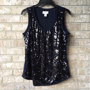 LOFT Dressy Diagonal Stripe Sequin Sleeveless Top Dark Blue Small